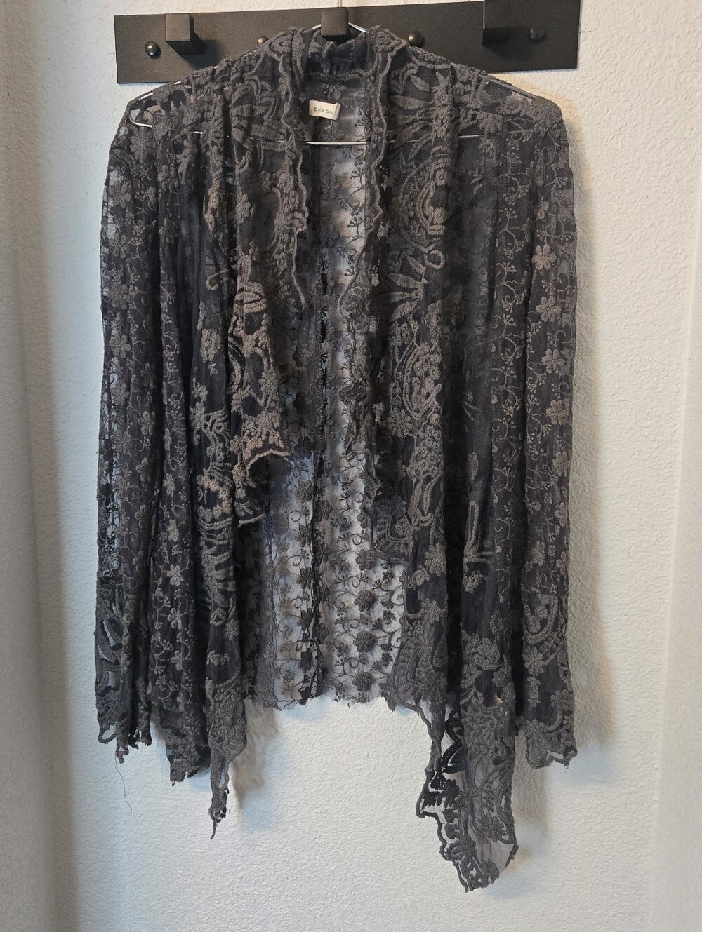 Kyla Seo Charcoal Gray Sheer Floral Lace Asymmetric Open Front Cardigan Small